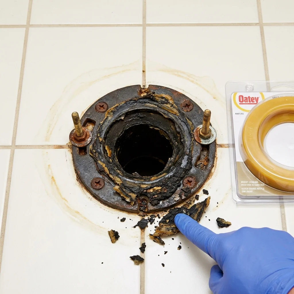 Failed wax ring showing water seepage at the base of a toilet in a Auburn, NY home