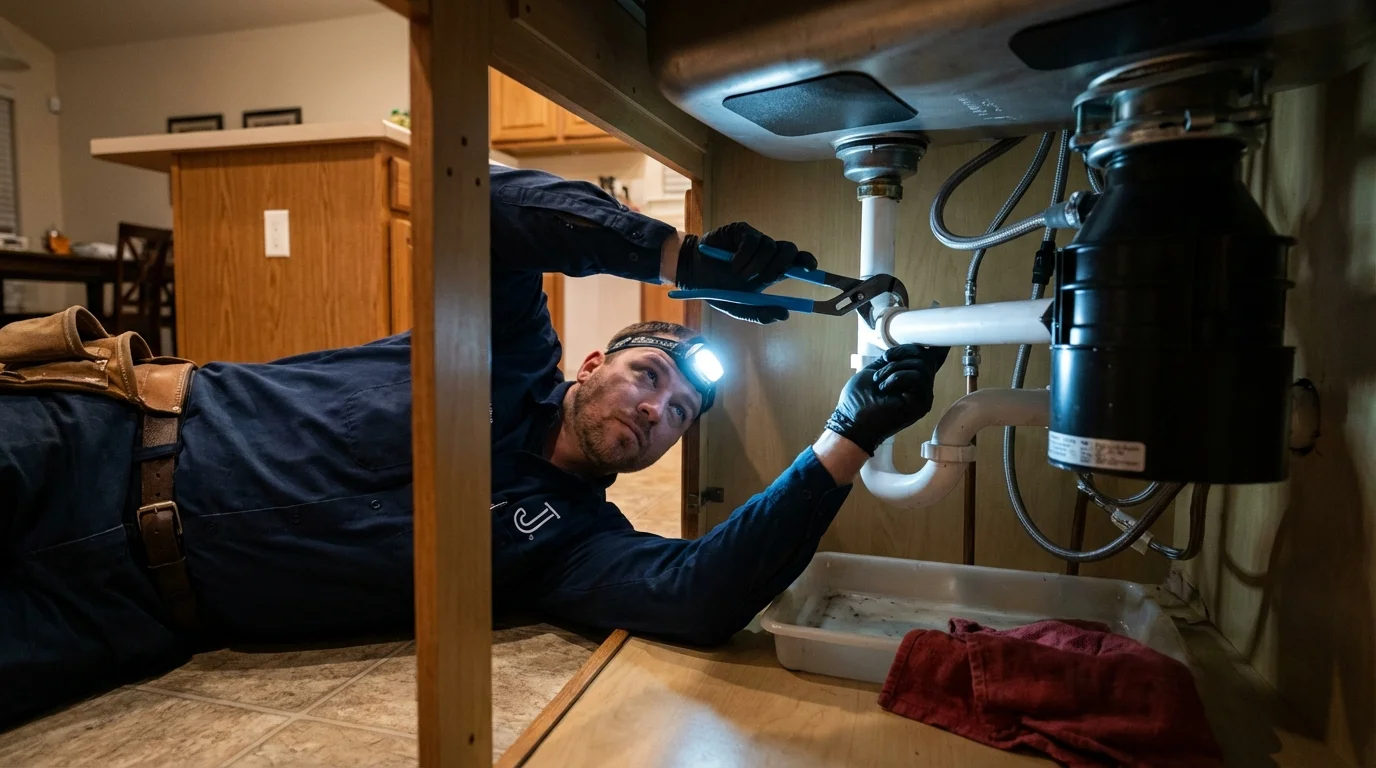 P-trap and supply line connections under a kitchen sink showing a common leak point in Auburn, NY